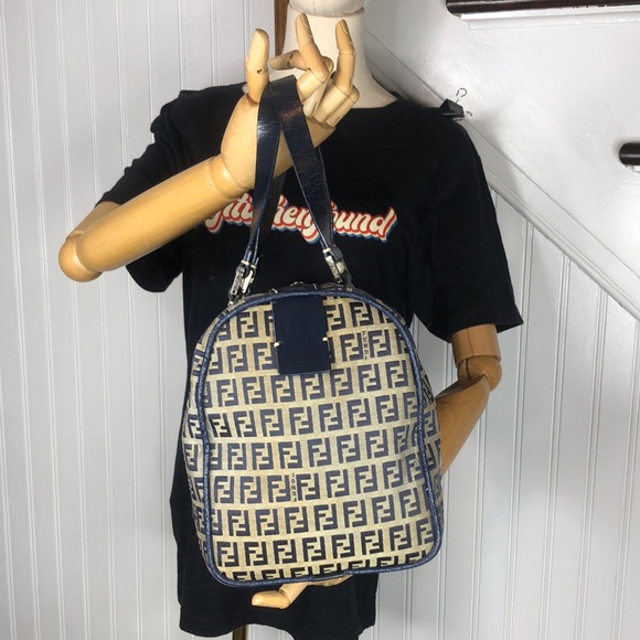 FENDI Zucca Navy Blue Leather Canvas Boston Duffle Travel Bag Speedy 30 EUC - Picture 3 of 17